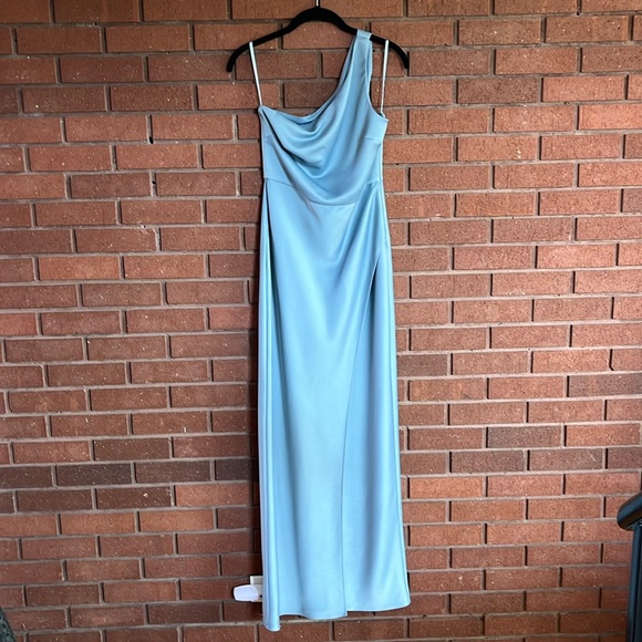 BHLDN Dylan One-Shoulder Satin Side-Slit Gown | Dusty Blue | size 2 - Picture 1 of 8